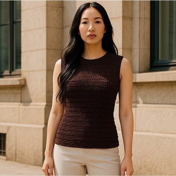 VTG 90s Nicola Smocked Tank Top S Mocha Brown Fitted Y2K Rave Club Clubbing Prep - Picture 5 of 11